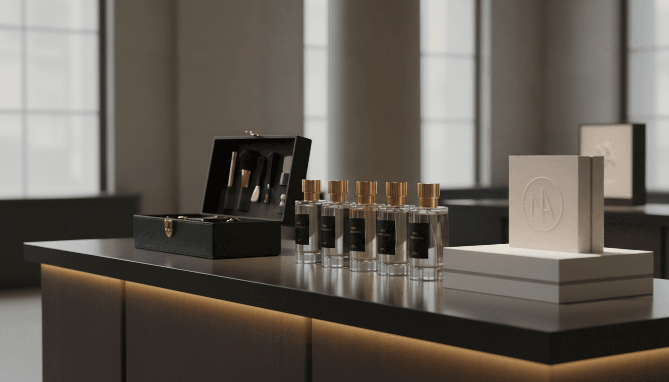 Professional product display with beautifully arranged items under premium studio lighting