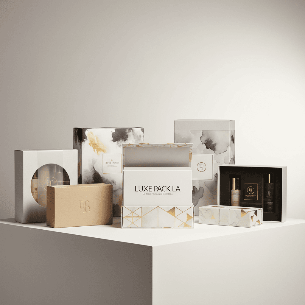 Elegant product presentation display with custom packaging designs