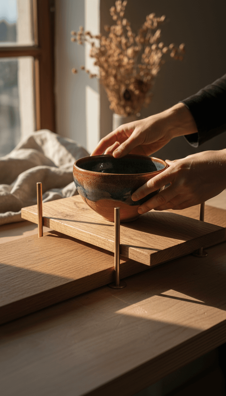 A warm, artisanal aesthetic close-up shot of hands positioning a product on a custom display platform.