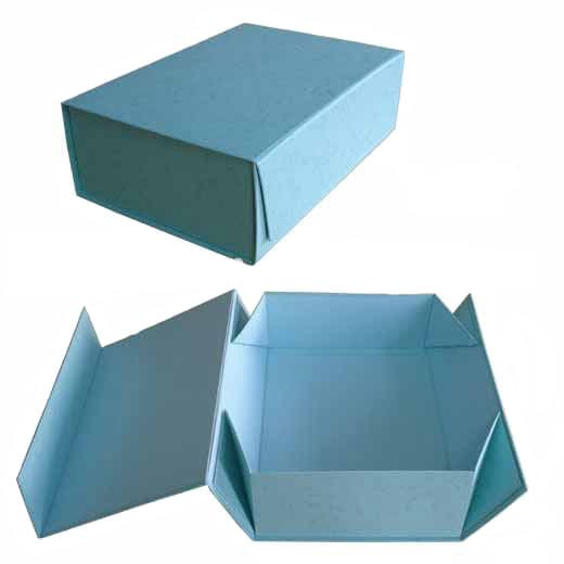 Light blue collapsible magnetic gift box shown in both closed and open positions.