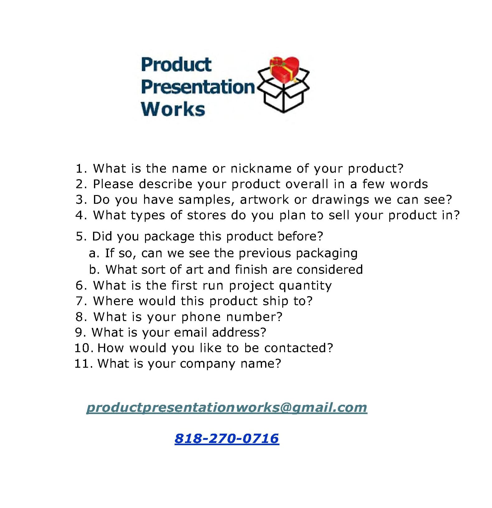 Questionnaire from Product Presentation Works listing eleven questions about product details, packaging, and contact information.